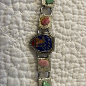 Vintage Las Vegas Bracelet Womens Silver Tone Semiprecious Stones Foldover Clasp